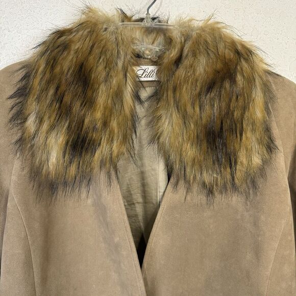 VTG Lilli Ann UltraSuede Jacket Coat Woman Tan Faux Fur‎ Collar 1 Button Union - Picture 3 of 14